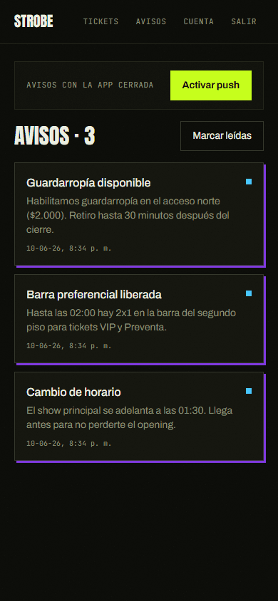 Avisos del evento en tiempo real